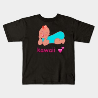 Cute Kawaii baby with the word kawaii and pink hearts Kids T-Shirt